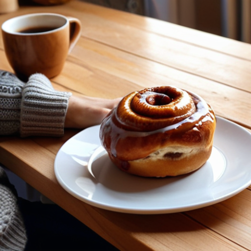 Home 11 ** A cozy Swedish "fika" scene. A person is sitting at a wooden table in a sunlit room, a laptop slightly to the side. They are enjoying a cinnamon bun ("kanelbulle") and a cup of coffee. The focus is on the relaxation and taking a break from technology, blending the digital and offline worlds. There should be a sense of "hygge".
**