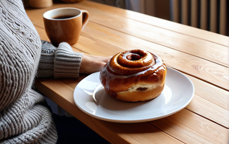 ** A cozy Swedish "fika" scene. A person is sitting at a wooden table in a sunlit room, a laptop slightly to the side. They are enjoying a cinnamon bun ("kanelbulle") and a cup of coffee. The focus is on the relaxation and taking a break from technology, blending the digital and offline worlds. There should be a sense of "hygge".
**