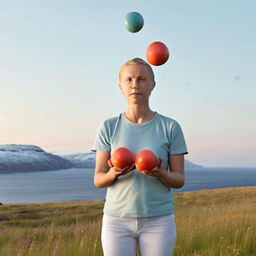 Home 6 **Image Prompt:** A person juggling multiple balls representing work, family, health, and technology, with a serene expression. Background: A calm Scandinavian landscape. Style: Soft, pastel colors, slightly blurred edges.