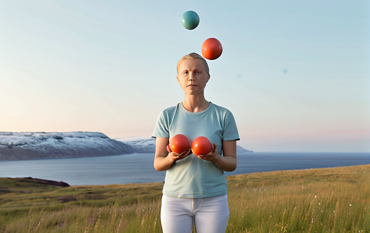 **Image Prompt:** A person juggling multiple balls representing work, family, health, and technology, with a serene expression. Background: A calm Scandinavian landscape. Style: Soft, pastel colors, slightly blurred edges.