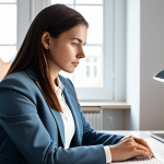 A focused professional woman in a modest business blazer and blouse, seated calmly at a minimalist Scandinavian-style home office desk, surrounded by natural daylight. Her workspace is clear and tidy, promoting a sense of digital tranquility and deep concentration. The atmosphere is serene and productive, with soft, ambient lighting highlighting her thoughtful expression. Fully clothed, appropriate attire, safe for work, perfect anatomy, natural proportions, well-formed hands, proper finger count, natural body proportions, professional photography, high quality, family-friendly.