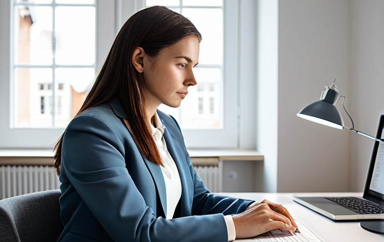 A focused professional woman in a modest business blazer and blouse, seated calmly at a minimalist Scandinavian-style home office desk, surrounded by natural daylight. Her workspace is clear and tidy, promoting a sense of digital tranquility and deep concentration. The atmosphere is serene and productive, with soft, ambient lighting highlighting her thoughtful expression. Fully clothed, appropriate attire, safe for work, perfect anatomy, natural proportions, well-formed hands, proper finger count, natural body proportions, professional photography, high quality, family-friendly.